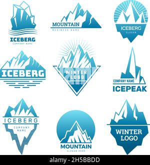 Logo Mountain. Badge con ghiaccio rock immagini iceberg sul polo nord antartico neve meteo stilizzato recenti vettori business simboli Illustrazione Vettoriale