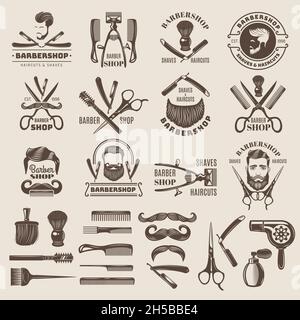 Badge per barbiere. Forbici pettini spazzola asciugacapelli recenti loghi vettoriali per barbiere Illustrazione Vettoriale