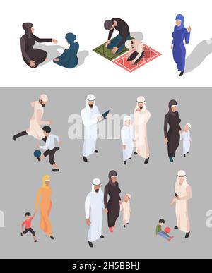 Popolo musulmano. Persone arabe isometriche famiglia grande tradizionale islam garish vettore persone isolate Illustrazione Vettoriale