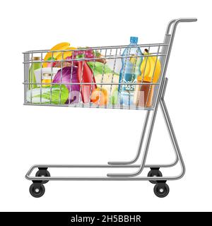 Carrello con prodotti. Supermercati borse alimentari pieno con prodotti freschi decente illustrazioni vettoriali Illustrazione Vettoriale