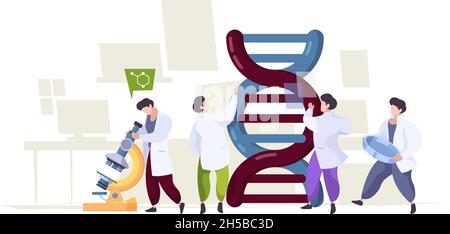 Tecnologia del DNA. Scienziati che imparano genetica biologica integrativa dna ricerca caratteri laboratorio Garish vettore concetto di fondo Illustrazione Vettoriale