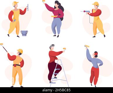 Pittori. Folla lavoratori professionali parete pittura Garish vettore stilizzato persone Illustrazione Vettoriale