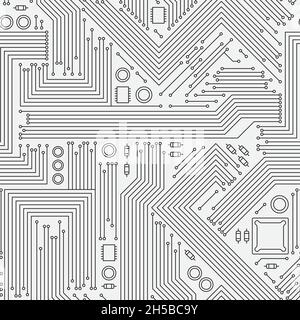 Struttura delle schede elettroniche. Scheda a circuito stampato CPU chip di rete di energia di superficie simboli stilizzati garish vettoriale illustrazioni modelli Illustrazione Vettoriale