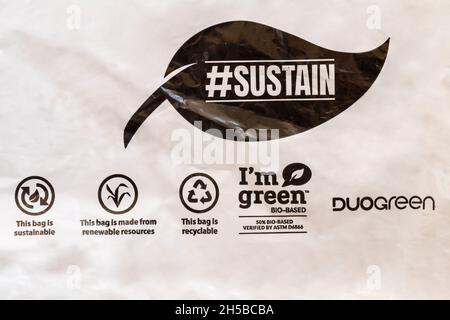 #Sustain i'm Green bio-based 50% bio-based verificato da ASTM D6866 - informazioni questo sacchetto è sostenibile, questo sacchetto è fatto da risorse rinnovabili Foto Stock