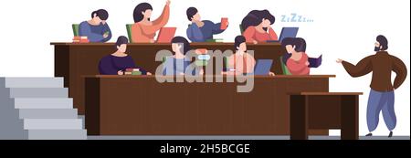 Sala conferenze. Vista frontale sala conferenze pubblico gente professore parlare con gli studenti pigri popoli garish vettore piano sfondo Illustrazione Vettoriale