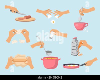 Preparazione del cibo. Processi di cottura mani con utensili da cucina preparazione prodotti zuppa di pesce torte insalata recente vettore cartoon illustrazioni set Illustrazione Vettoriale