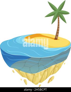 Spiaggia isola. Posizione estiva isometrica, design del gioco. Oceano o mare costa, acqua sabbia e palme elemento vettoriale Illustrazione Vettoriale