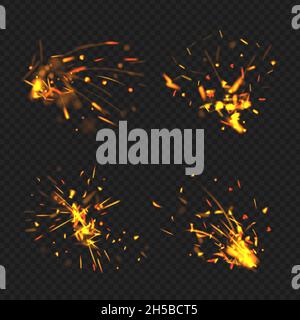 Scintille realistiche. Fuoco effetti fiamma piccole parti incandescenti particelle decente vettore bengala bruciando scintille raccolta Illustrazione Vettoriale