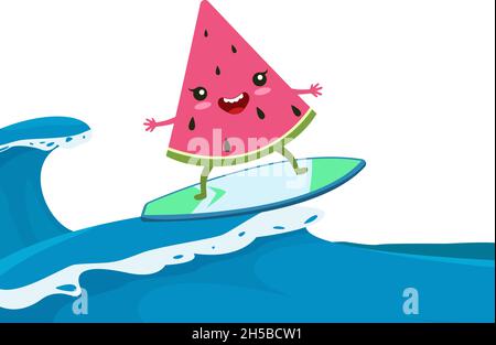 Estate cocomero surf. Divertente surf, felice cartone animato frutta nuoto su onde illustrazione vettoriale Illustrazione Vettoriale