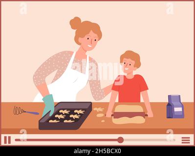 Blogger alimentari. Madre e figlio che cucinano, vlog circa processo di cottura. Famiglia culinaria, video tutorial illustrazione vettoriale Illustrazione Vettoriale