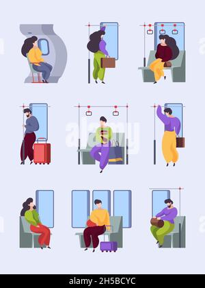 Veicoli con persone stanche. Trasporto urbano interno con in piedi e seduti pigri personaggi stanchi dopo il lavoro pubblico auto metropolitana aereo autobus Garish Illustrazione Vettoriale