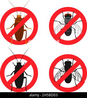 Insetti segnali di avvertimento. Simboli di controllo anti insetti rossi, concetto di arresto peste, illustrazione vettoriale di segni di bug divieto e falene isolate su sfondo bianco Illustrazione Vettoriale