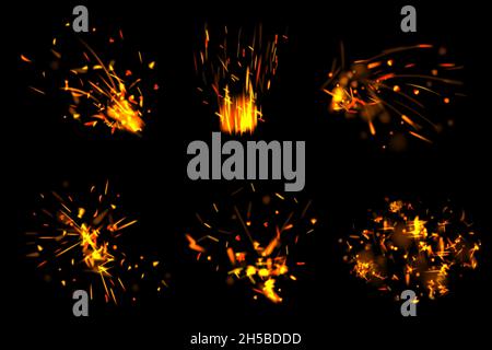 Particelle di fuoco. Effetti incandescenti con piccole parti di fiamma scintille bruciate vettore accettabile realistico insieme isolato Illustrazione Vettoriale