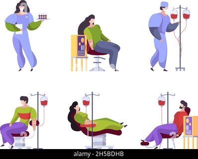 Donazione di sangue. Ospedale assistenza medica persone sulla sedia fiducioso donazione medica Garish vettore flat stilizzato caratteri Illustrazione Vettoriale