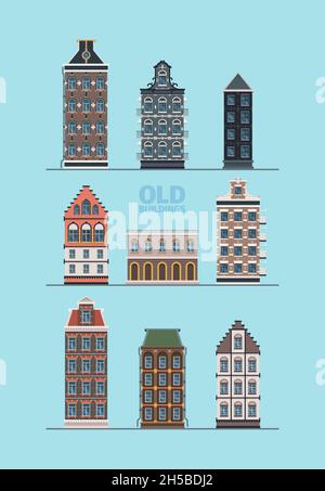 Vecchi edifici esterni. Strada europea costruzione vecchio stile dettagliata belle facciate garish flat collezione di immagini vettoriali Illustrazione Vettoriale