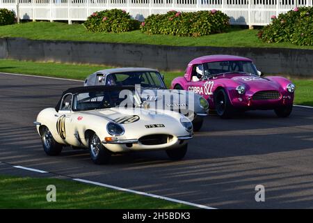 Vying for the lead, Nigel Greensall, Jaguar e-Type, Oliver Bryant, Jaguar e-Type FHC, Mike Whitaker, AC Cobra Dragonsnake, Trofeo Moss, cockpit chiuso Foto Stock