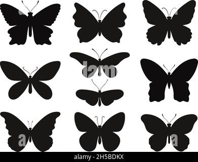 Set di silhouette a farfalla. Stencil nere forme di farfalle e falene, contorni primavera papillon, vettore illustrazione simboli di contorni fauna creature isolate su sfondo bianco gr Illustrazione Vettoriale