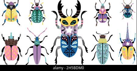 Coleotteri colorati. Immagine macro cartoon di piccoli bug carini, insieme di creatura della scienza entomologica, illustrazione vettoriale di insetti icone isolate su sfondo bianco Illustrazione Vettoriale
