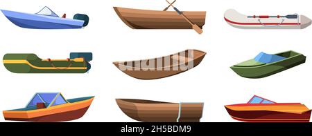 Tipi di barche. Navi di legno per mare o vela marina garish vettore trasporto per fiume flat illustrazioni set isolato Illustrazione Vettoriale