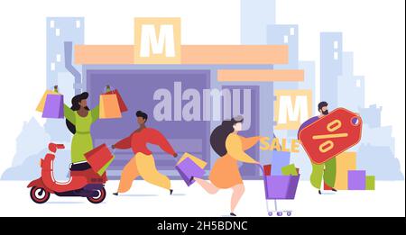 Personaggi dello shopping. La gente con i sacchetti di shopping che cammina sui negozi di strada nei mercati locali della città Garish vettore sfondo illustrazione in stile piatto Illustrazione Vettoriale