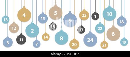 calendario avvento colorato 24 palle albero di natale su bianco Illustrazione Vettoriale