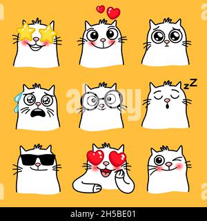 Gatti umore. Fumetto emoji di animali domestici in diverse situazioni, emoticon carino creativo di animali domestici, vettore illustrazione set di divertente gatto con grandi occhi isolato su sfondo giallo Illustrazione Vettoriale