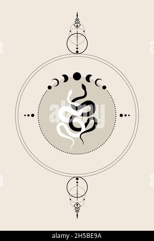 Mistica cornice rotonda e due serpenti, yin e yang, nero e bianco, luna fasi cerchio in stile retrò becero isolato su uno sfondo vintage Illustrazione Vettoriale