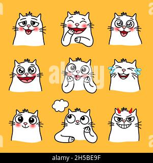 Ridere emoticon gatto. Cartoon Animali felici con grandi occhi, cute emozioni di animali domestici, illustrazione vettoriale di gatti amorevoli e sorridenti isolati su sfondo giallo Illustrazione Vettoriale