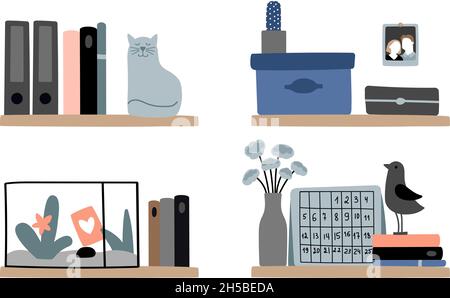 Librerie diverse. Decorazioni da scaffale per la casa, intimi elementi di design per interni scandinavi. Libri, fiori catino scatole vettore set Illustrazione Vettoriale