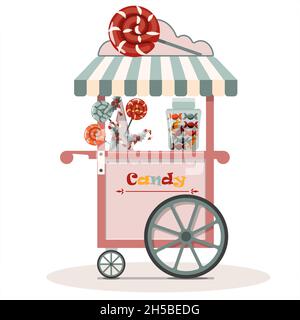 Cart caramella vettoriale. Illustrazione piatta di un cibo Street fast. Cartoon Street punto di vendita di caramelle, lecca lecca, dolci, caramelle in cotone. Giusto e. Illustrazione Vettoriale