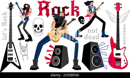 Festa dei rockers. Musicisti cartoon con chitarre elettriche, concetto di esecuzione al festival di musica rock, illustrazione vettoriale di gruppo creativo di cantanti isolati su sfondo bianco Illustrazione Vettoriale