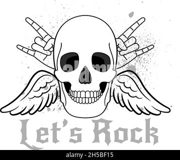 Logo Lets Rock. Cartoni animati di cool cranio, elemento poster di festival musicali, tatuaggio vettoriale per musicisti di musica di metallo isolato su sfondo bianco Illustrazione Vettoriale