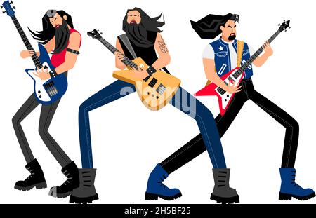 Creative rock band. Cartoni animati con chitarre elettriche, concetto di logo con musicisti adulti, illustrazione vettoriale dell'intrattenimento con musica isolata su sfondo bianco Illustrazione Vettoriale