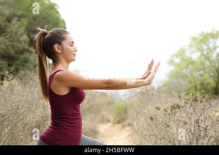 Ritratto di un adolescente concentrato che pratica gli esercizi di tai chi in montagna Foto Stock