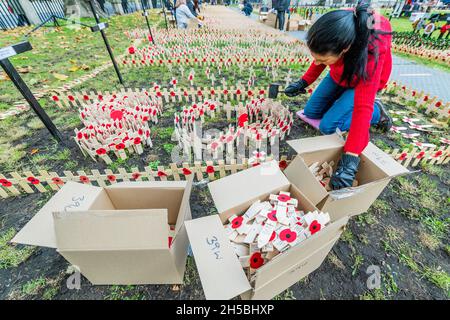 Londra, Regno Unito. 8 Nov 2021. Croci con papaveri su sono disposti, da volontari fuori (dalla fabbrica di Poppy, il RBL e le aziende a londra) con messaggi di ricordo da individui - il campo di ricordo è in fase di preparazione al di fuori di Westminster Abbey. Credit: Guy Bell/Alamy Live News Foto Stock