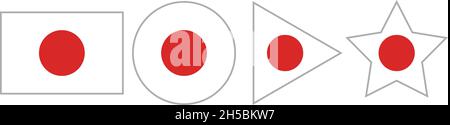 Quadrati, cerchi, triangoli e stelle. Set di icone di bandiere giapponesi di tutte le forme. Illustrazione Vettoriale