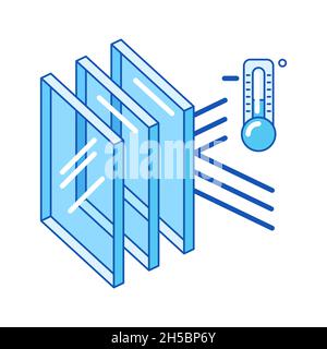 Mantenere la temperatura fredda all'interno della casa con strati di vetro. Finestra a doppio vetro con sezione trasversale. Infografiche che mostrano le proprietà. Illustrazione Vettoriale