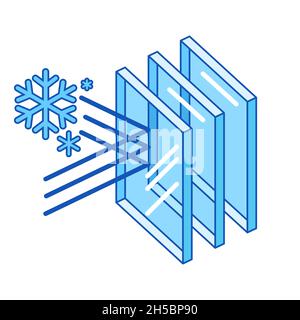 Protezione contro il freddo con strati di vetro. Finestra a doppio vetro con sezione trasversale. Infografiche che mostrano le proprietà. Illustrazione Vettoriale