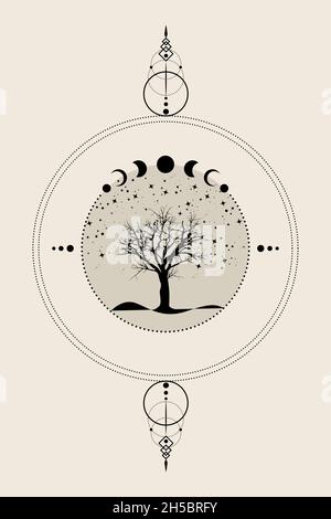 Albero sacro. Fasi della Luna mistica disegnate a mano, albero della vita, geometria Sacra. Wicca banner vecchio segno, cerchio di energia, vettore stile boho isolato su vinta Illustrazione Vettoriale