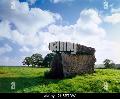 Le lastre calcaree esposte della camera sepolcrale neolitica di San Lithans, vale di Glamorgan: Guardando S lato-su alla camera aperta con un massiccio cappone. Foto Stock