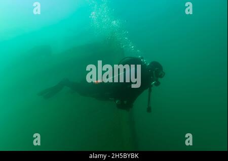 Nuoto subacqueo presso il relitto delle Bermuda trovato a Murray Bay vicino a Grand Island Foto Stock