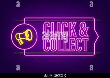 Megaphone fare clic e raccogliere banner. Stile neon. Icona del sito Web. Illustrazione dello stock vettoriale Illustrazione Vettoriale