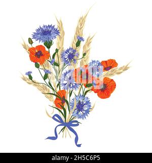 Bel bouquet di cornflowers, papaveri e spikelets di grano, legato con nastro di seta Illustrazione Vettoriale