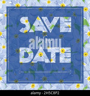 Biglietto d'auguri floreale con il testo Salva la data motivo senza giunture con ornamento bouquet di fiori Illustrazione Vettoriale