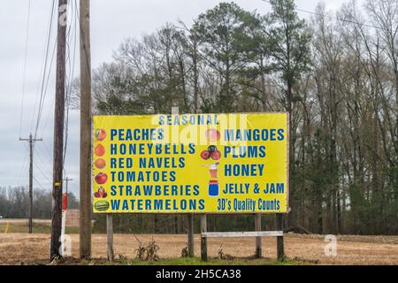 Defuniak Springs, Stati Uniti d'America - 8 gennaio 2021: Strada a panhandle Florida con cartello pubblicitario per il mercato di agrumi stagionali stand in inverno per o. Foto Stock