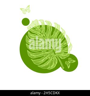 Foglia monstera grafica. Bella piante esotiche disegnate a mano. Logo con farfalle e foglie esotiche . Illustrazione vettoriale Illustrazione Vettoriale
