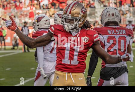 Santa Clara, California, Stati Uniti. 7 Nov 2021. San Francisco 49ers ricevitore largo Brandon Aiyuk (11) Domenica, 07 novembre 2021, al Levis Stadium di Santa Clara, California. I Cardinali sconfissero i 49ers 31-17. (Credit Image: © al Golub/ZUMA Press Wire) Foto Stock