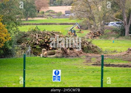 Aylesbury vale, Regno Unito. 8 novembre 2021. HS2 oggi stava rimuovendo tronchi di albero da ancora un altro bosco che hanno abbattuto per la costruzione di High Speed Rail. Questo è stato solo pochi giorni dopo che il primo ministro Boris Johnson ha annunciato alla Conferenza sul clima COP26 a Glasgow 'per arrestare e invertire la deforestazione e il degrado della terra entro il 2030. Non solo fermarsi, ma invertire”. Ha anche descritto gli alberi come i 'polmoni del nostro pianeta', tuttavia, mentre HS2 continuano a cadere o mettere a rischio 108 boschi antichi per la ferrovia molto criticata HS2. Credit: Maureen McLean/Alamy Live News Foto Stock