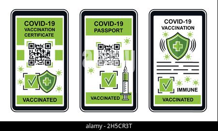 Certificato di vaccinazione Covid-19, passaporto vaccino, icona pass verde. Certificazione vaccinata, resistenza immunitaria al coronavirus, inoculazione. Vettore Illustrazione Vettoriale