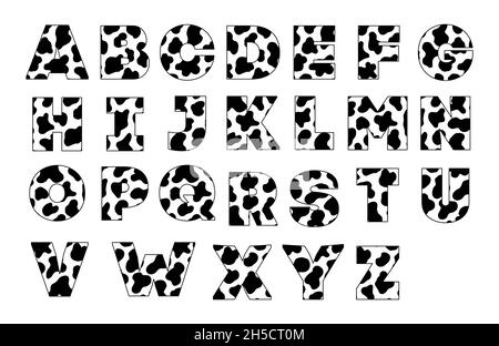 Carattere animale per poster. Macchie di mucca bianche e nere. Bovini di Holstein. Alfabeto retrò. Caratteri tipografici vintage, modificabili e stratificati. Vettoriale alla moda Illustrazione Vettoriale